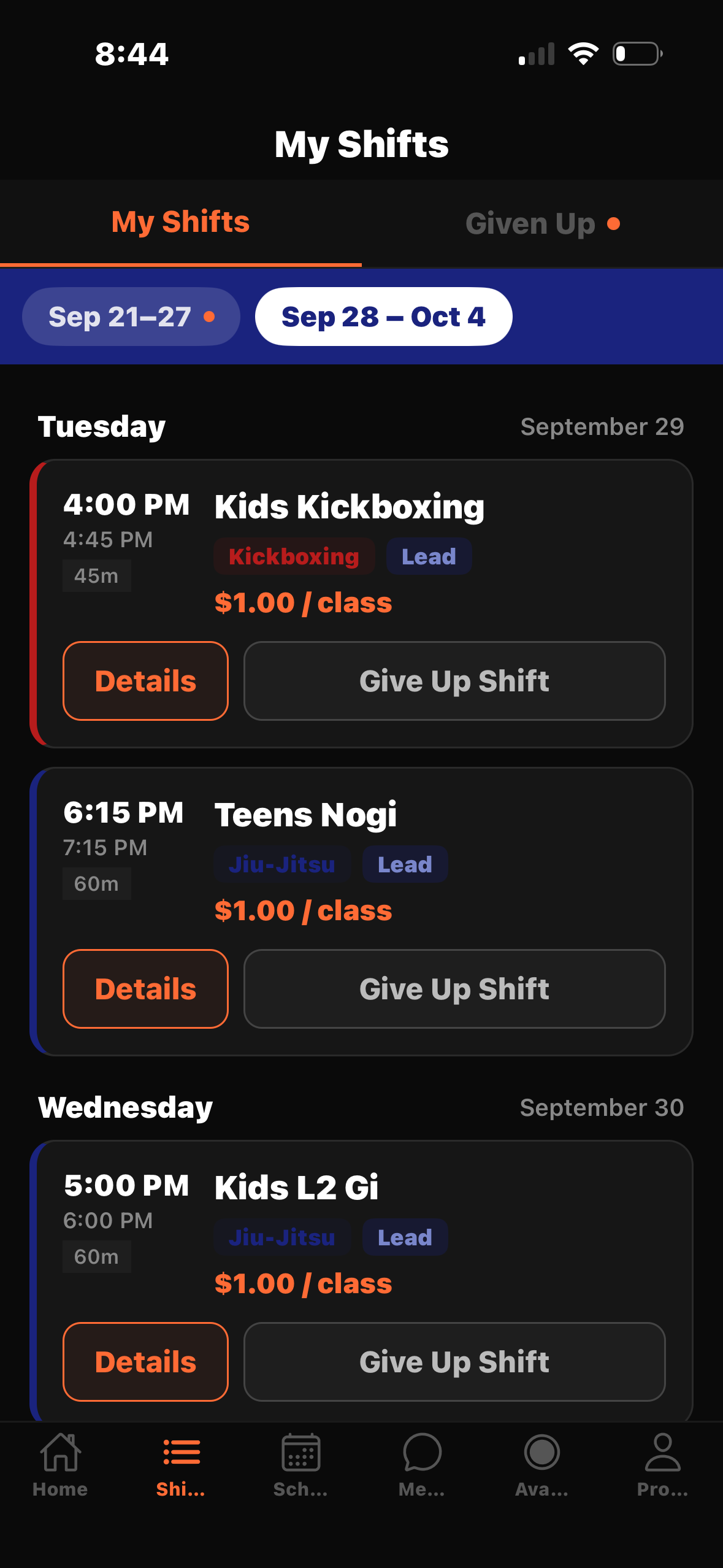 RollPunch — My Shifts screen on iOS