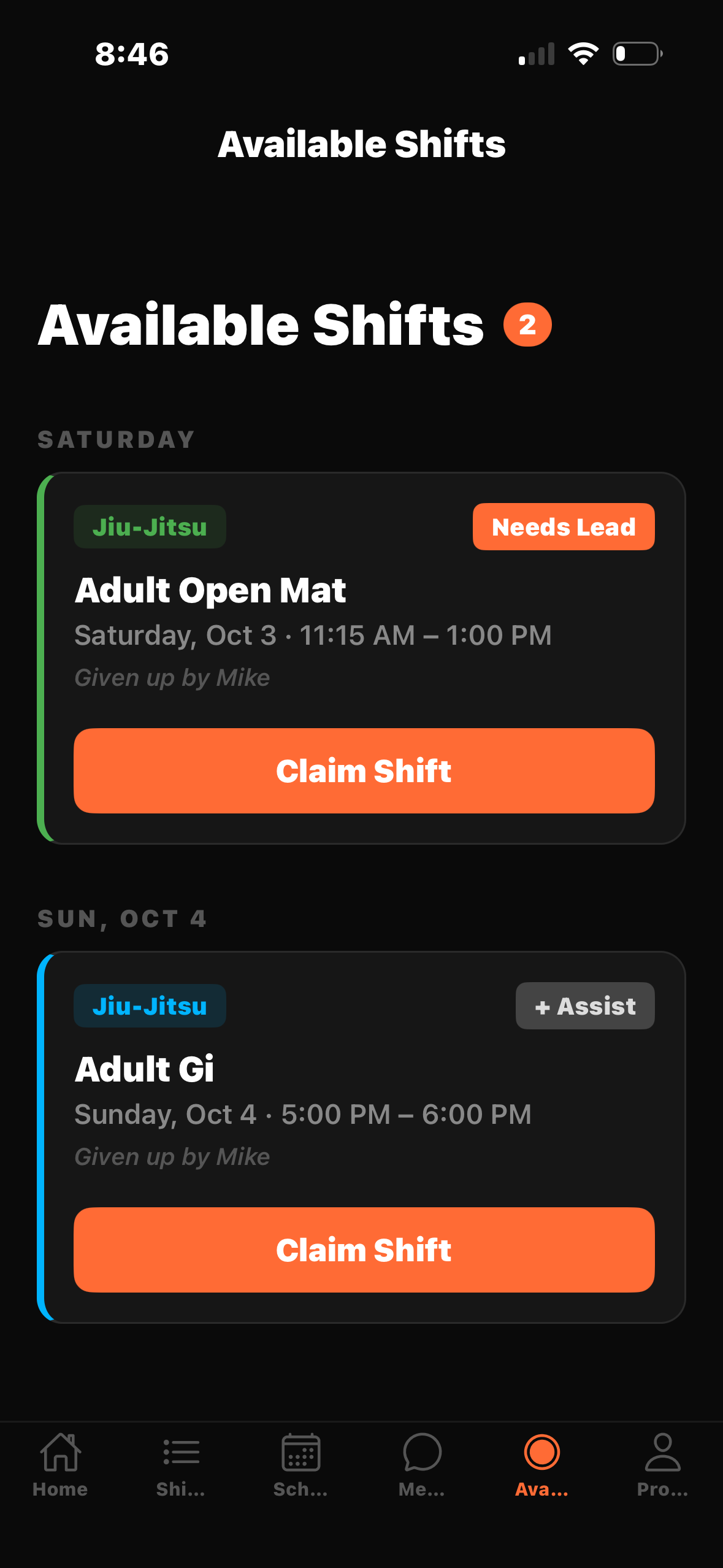 RollPunch Available Shifts screen showing open coverage with Claim Shift button