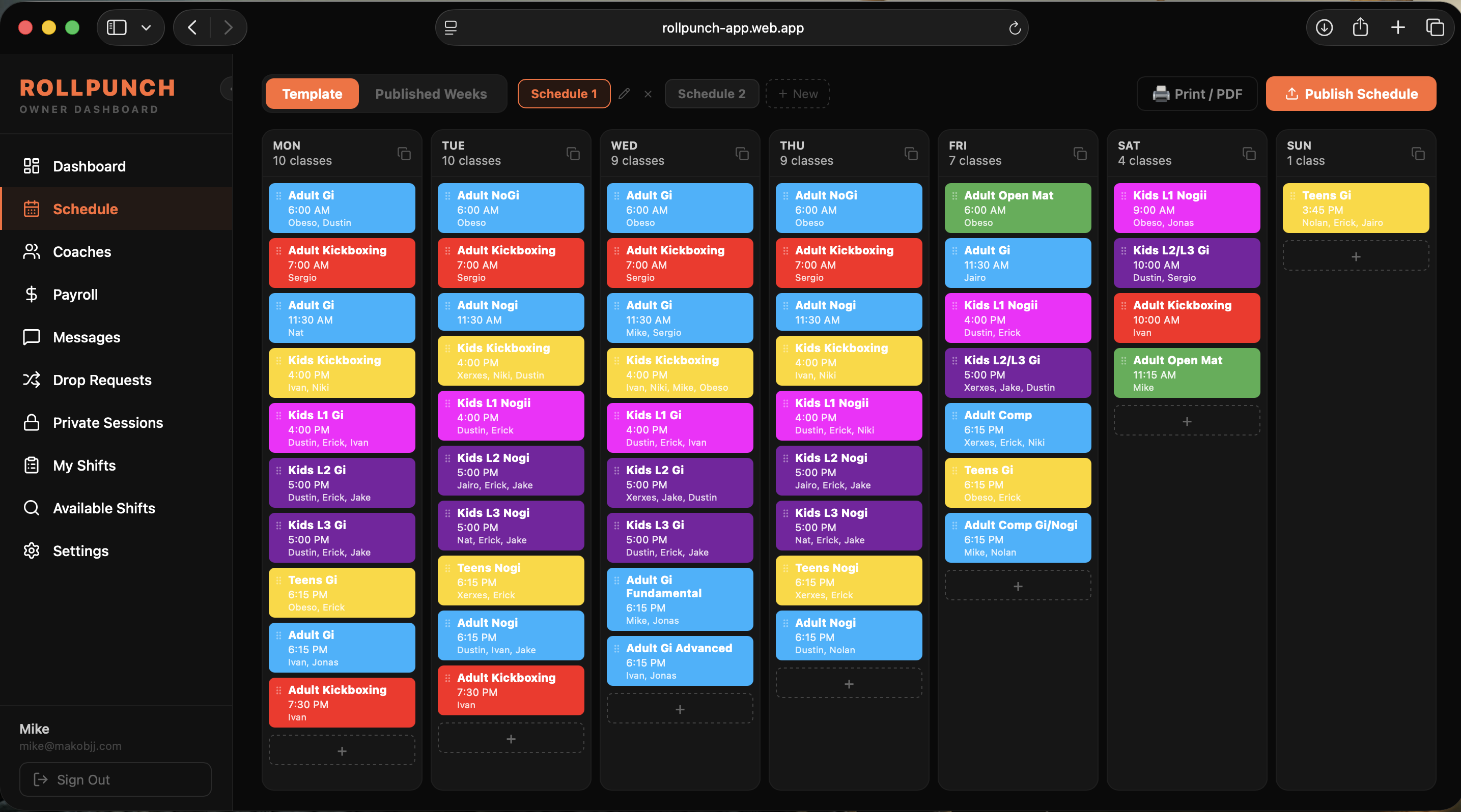 RollPunch owner web dashboard showing a weekly instructor schedule