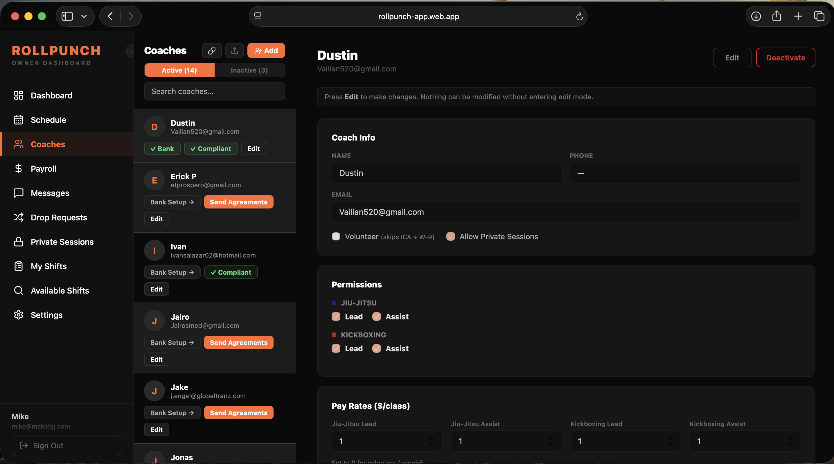 RollPunch Coaches screen showing instructor roster with bank account and onboarding status, teaching permissions by class type, Lead and Assist roles, and pay rates per class