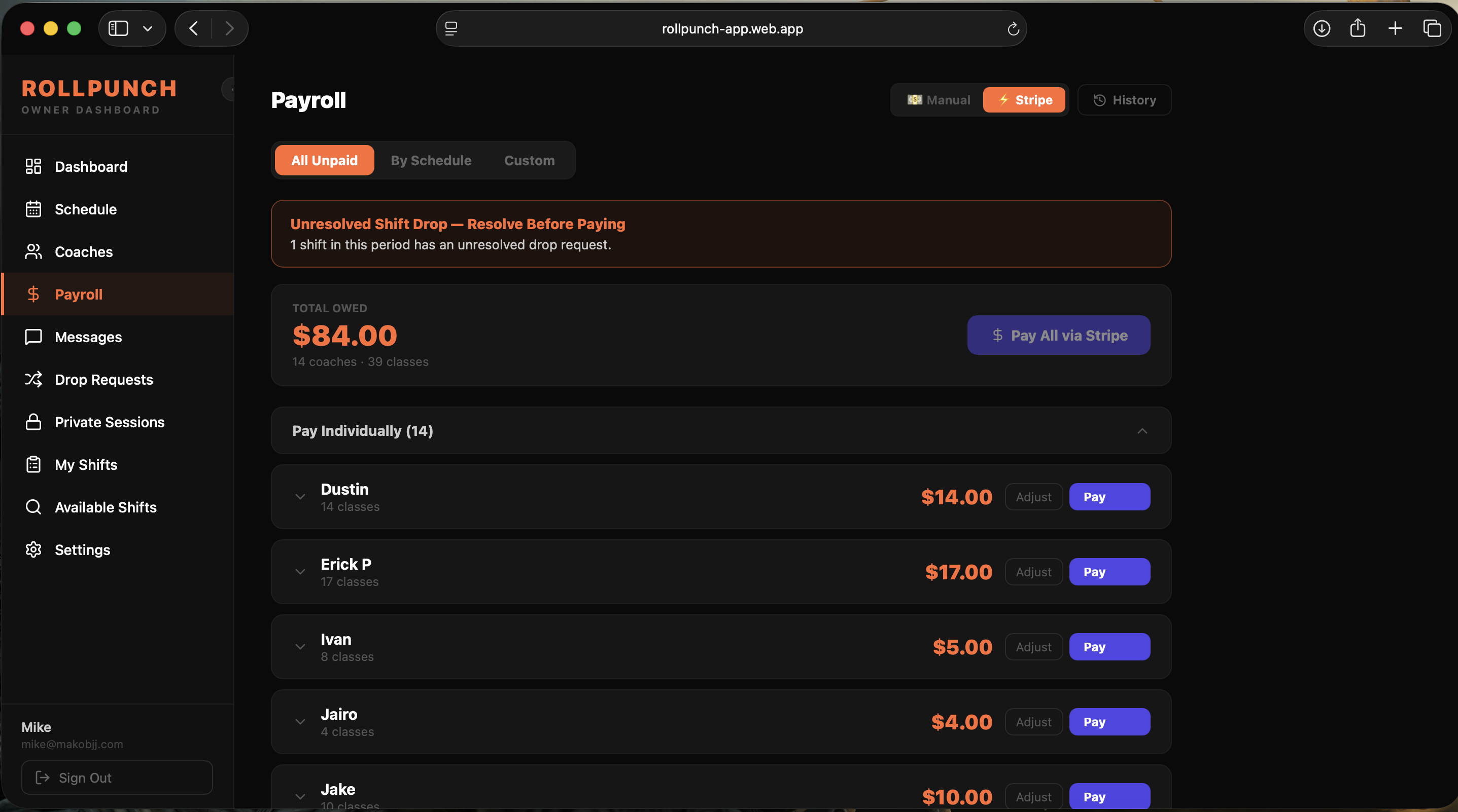 RollPunch Payroll dashboard showing instructor list with earnings, Manual and Stripe payment toggle, and payroll summary