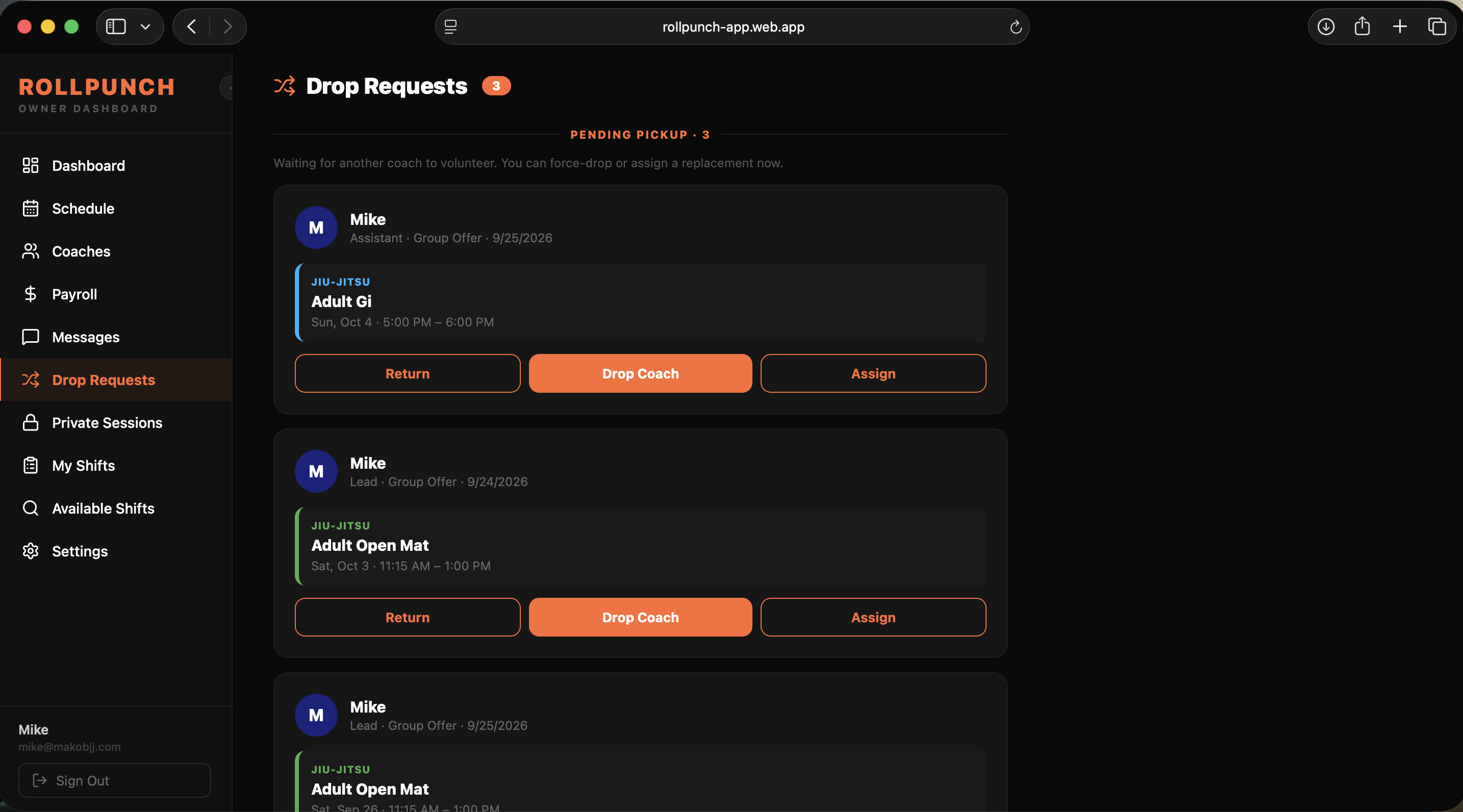 RollPunch owner web dashboard showing pending Drop Requests with Return, Drop Coach, and Assign controls