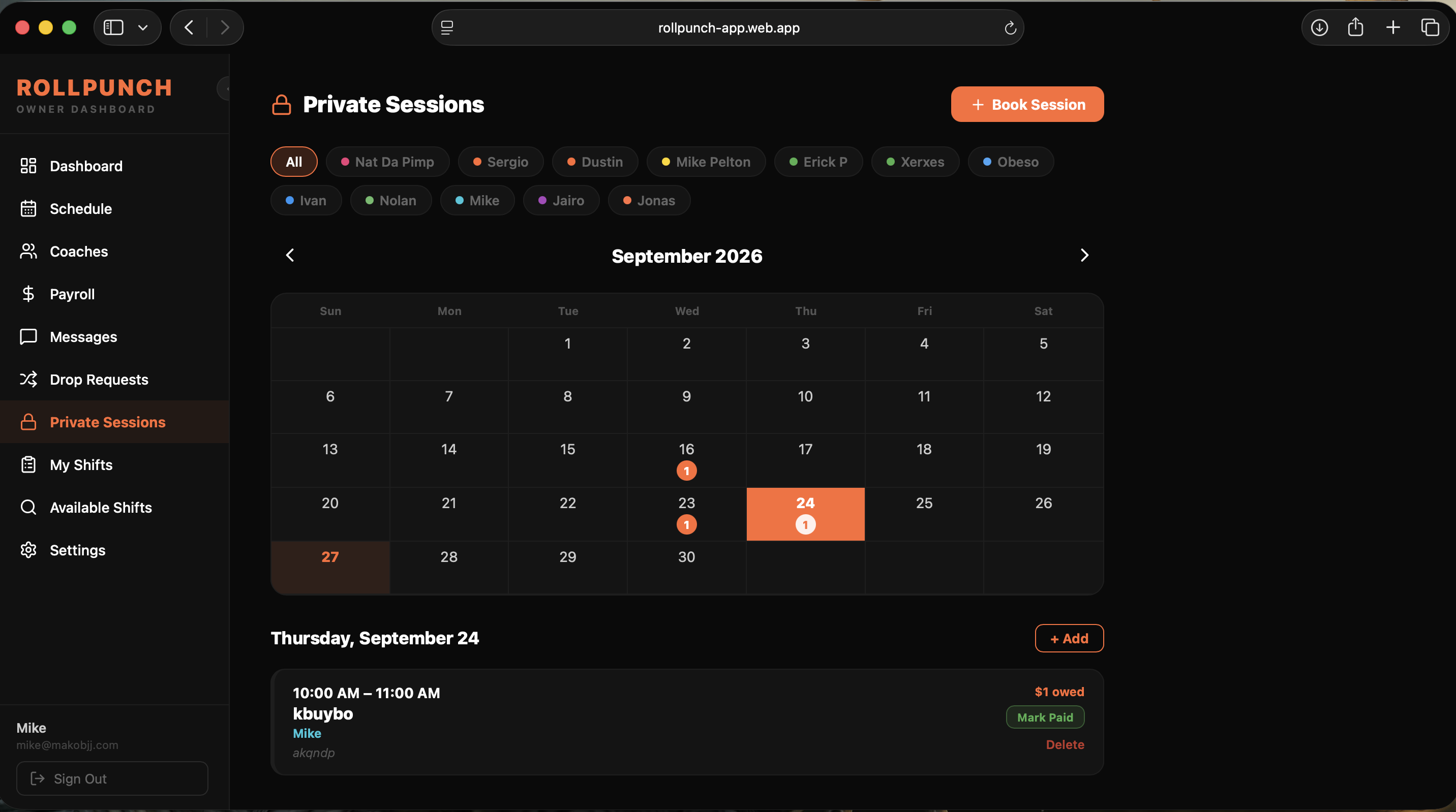 RollPunch Private Sessions dashboard showing monthly calendar view with instructor filter tabs, session indicators, and Book Session button